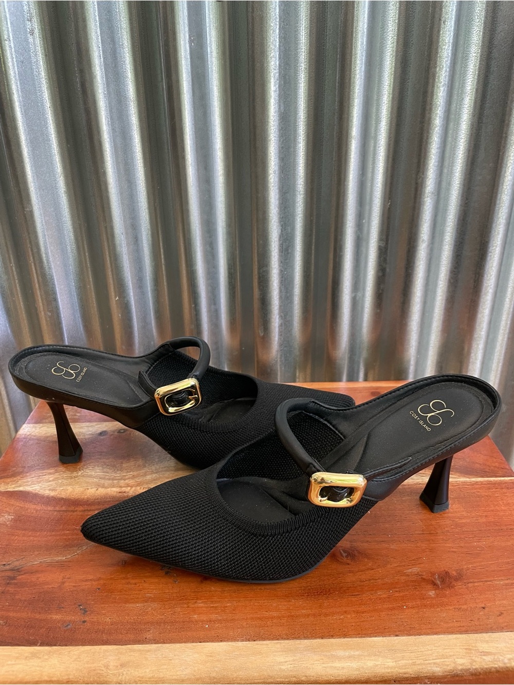 Cost Island Grace Lithe Comfortable Black Pointed Mules with Gold Buckle - Women - Picture 1 of 5